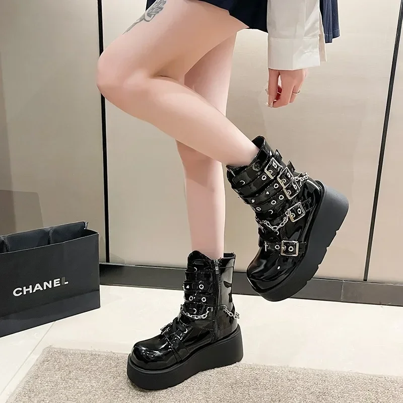 Gothic Motorcycle Zip High Heel Platform Boot - Image 3