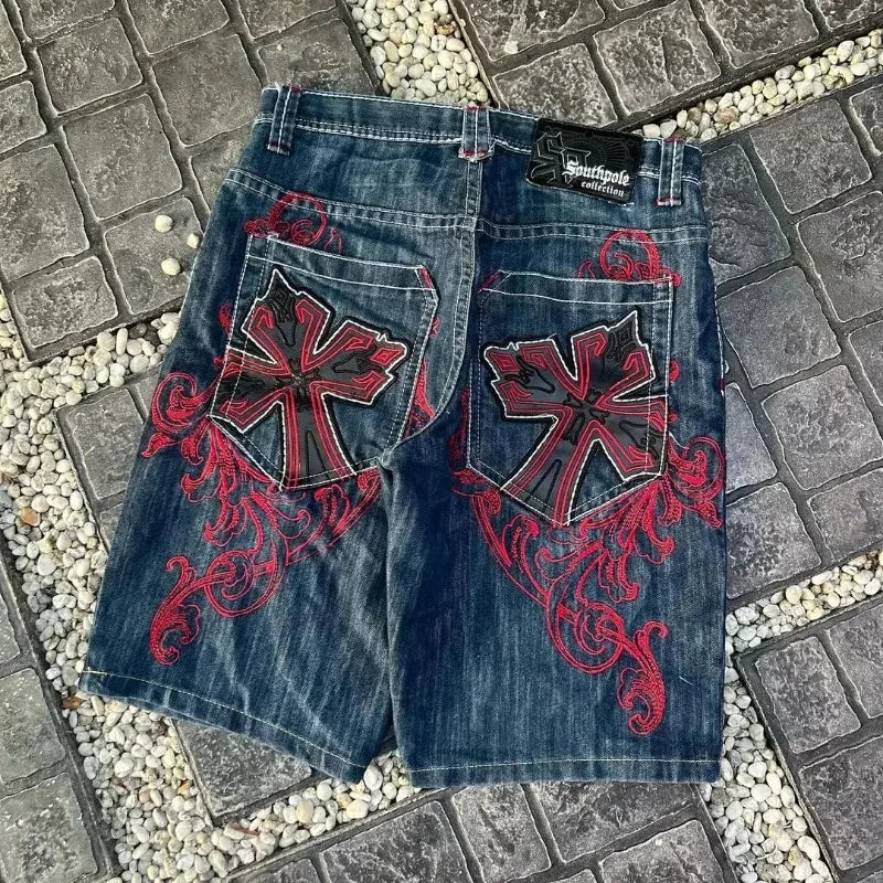 Leather Patch Embroidery Denim Short - Image 3