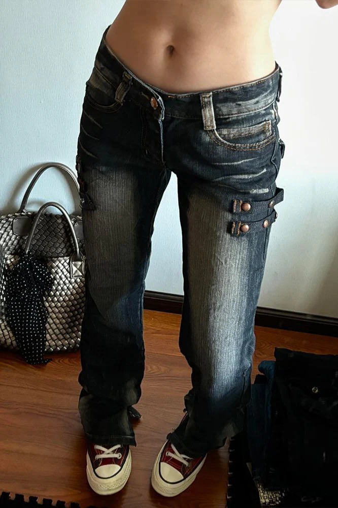 Retro Deconstructed Low-Rise Straight Floor-Length Denim Pants - Image 3