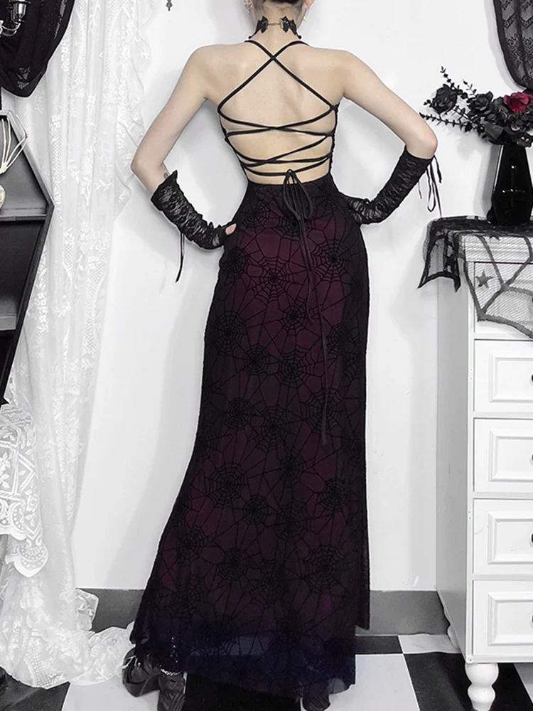 Vintage Dark Spider Web High Waist Maxi Dress - Image 3