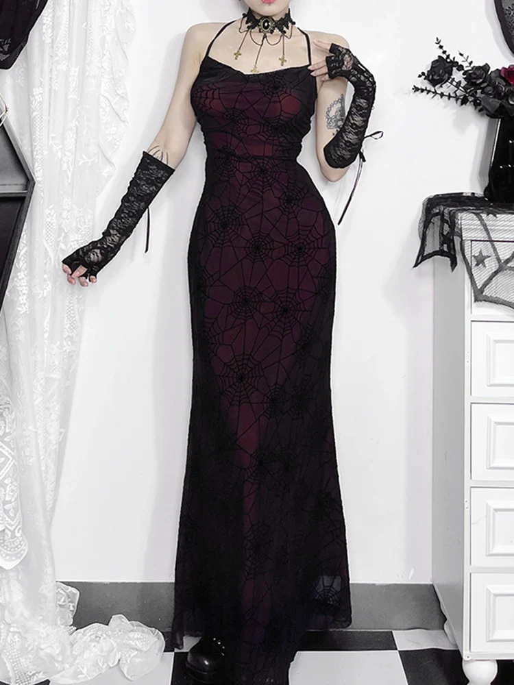 Vintage Dark Spider Web High Waist Maxi Dress - Image 4