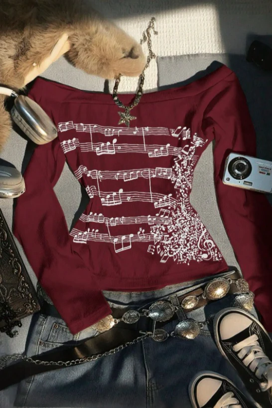 Y2K Note Print Tie Patchwork Long Sleeve Knit Top - Image 3